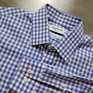Frank Stella New York Shirt Men's Size 16.5L Blue Gingham 100% Pima Cotton EUC